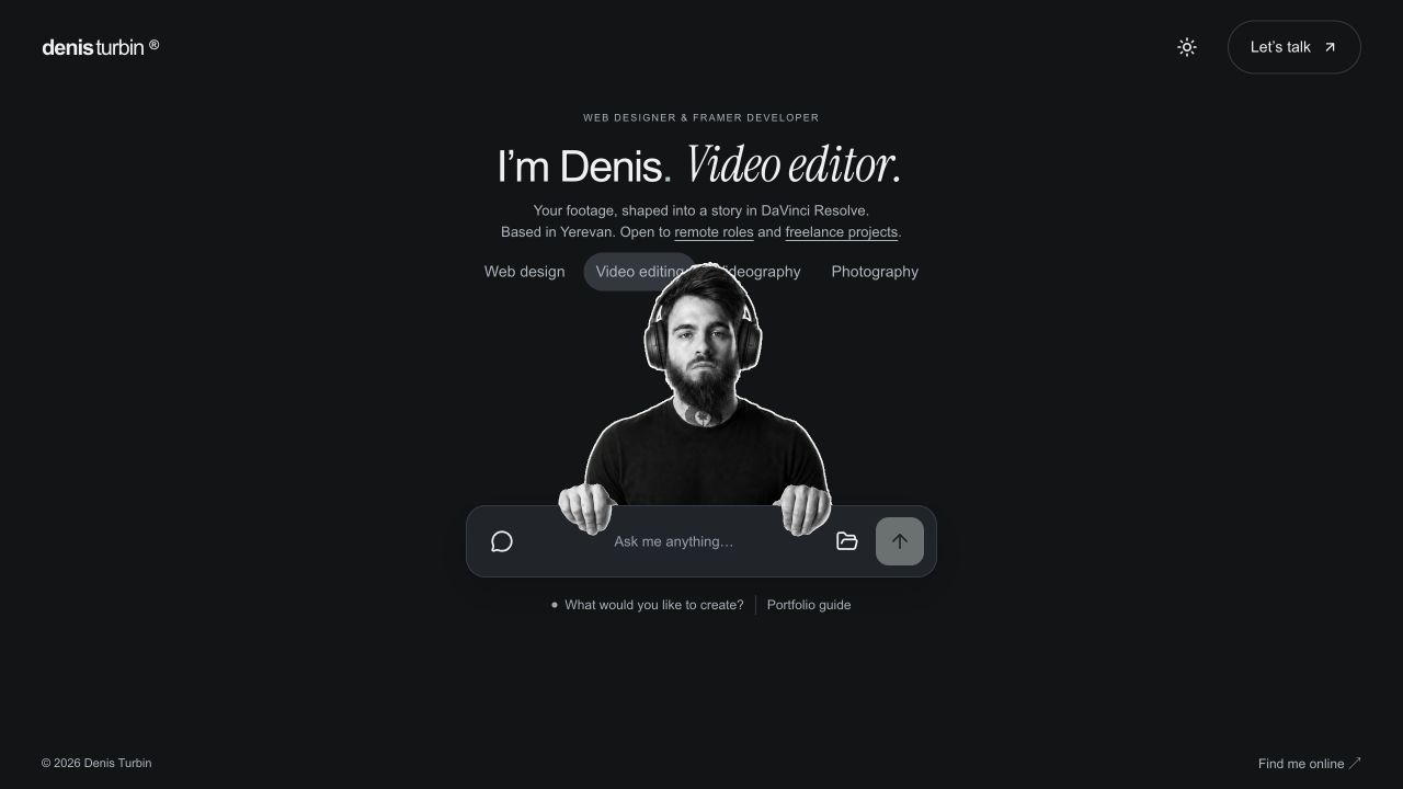 The original chat portfolio interface with Denis’s portrait and a conversation composer